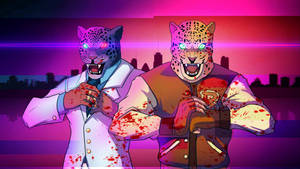 兩隻美洲虎角色穿著沾滿血跡的西裝，在夜晚霓虹城市景觀前咆哮。 — 火線邁阿密 壁紙