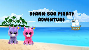 兩個毛絨獨角獸玩具在熱帶海灘上，遠處有一艘海盜船。 — Beanie Boos 壁紙