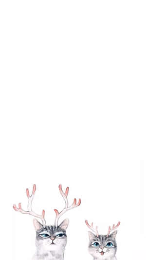 兩隻帶有鹿角的插畫貓咪在白色背景上向上看。 — 可愛 iPhone 桌布 壁紙