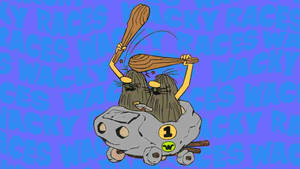 兩隻浣熊在一輛石頭車中拿著木棍，背景是『Wacky Races』文字。 — 卡通 壁紙