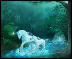兩隻白色獨角獸在魔法森林中穿過發光的溪流奔跑。 — 魔法森林 壁紙