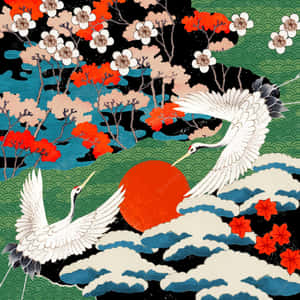 兩隻白鶴在雲朵和樹木上方飛翔，紅日初升。 — 櫻島麻衣 壁紙