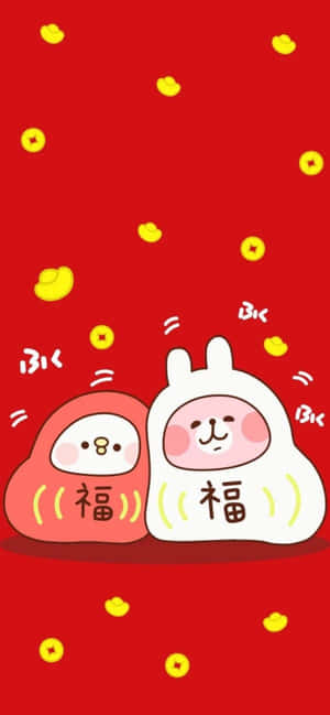 兩隻穿著帶有中文字元節日服飾的卡通兔，被金幣環繞。 — iPhone 15 Pro 壁紙
