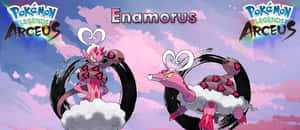 兩隻粉紅色的Enamorus寶可夢在雲端上，帶有遊戲標誌的粉彩天空。 — 動漫 壁紙