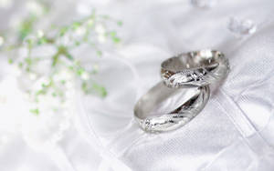 兩隻銀色結婚戒指放在白色布料上，配以滿天星花朵。 — 婚禮 壁紙