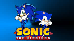 兩隻藍色刺蝟角色在Sonic the Hedgehog標誌上方擺出英雄姿勢。 — 音速小子 壁紙