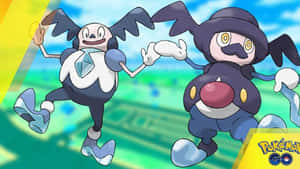兩個動畫寶可夢角色與PokéGO標誌一起快樂地跳舞。 — 可愛寶可夢 壁紙