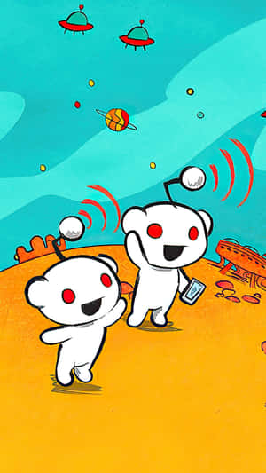 兩隻卡通外星熊在橙色星球上，天空有UFO和行星。 — Reddit 壁紙