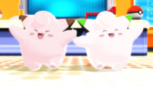 兩隻粉紅色Jigglypuff角色在寶可夢主題房間裡開心跳舞。 — 動漫桌面 壁紙