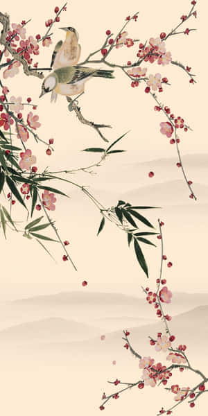 兩隻鳥在梅花枝上，背景有竹子和霧氣繚繞的山巒。 — Pixel 3 壁紙