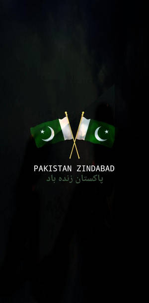 兩面交叉的巴基斯坦國旗，在深色背景上帶有英文和烏爾都文的「Pakistan Zindabad」文字。 — 巴基斯坦國旗 壁紙