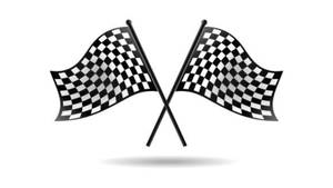 兩面交叉的格紋賽車旗在旗桿上，帶有陰影。 — 黑白方格旗 壁紙