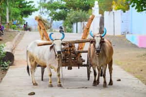 兩頭公牛在鄉村道路上拉著一輛木製馬車。 — 野生動物 壁紙