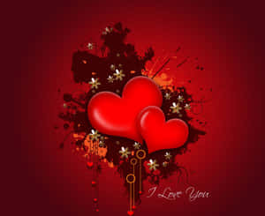 兩顆紅色心形搭配金色花朵和飛濺藝術，紅色背景上帶有「I Love You」文字。 — 暗紅色 壁紙