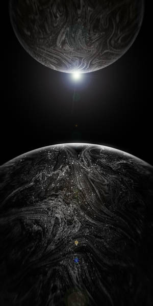 兩顆帶有發光城市燈光的黑暗旋轉行星圍繞一顆明亮的恆星運行。