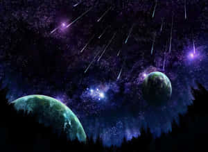 兩顆發光的行星漂浮在森林之上，流星雨劃過繁星點點的夜空。 — 太空美學動圖 壁紙