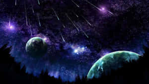 兩顆行星漂浮在森林之上，背景是流星劃過的星空紫色天空。 — 美學天空 壁紙