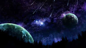 兩顆行星懸浮在森林之上，背景是帶有流星的星空宇宙天空。 — 宇宙 壁紙
