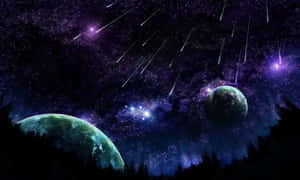 兩顆發光的行星在繁星點點的紫色天空中，下方是黑暗的森林。 — Chill 壁紙