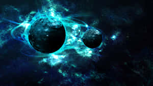 兩顆行星在充滿星光的宇宙背景下，於充滿活力的青色星雲中運行。 — 藍色銀河 壁紙