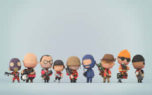八個穿著不同服裝並手持武器的卡通士兵站成一排。 — Tf2 壁紙