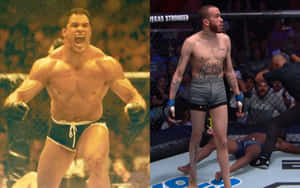 八角籠中兩名MMA拳手，一名慶祝勝利，另一名站在對手之上。 — 終極格鬥冠軍賽 壁紙