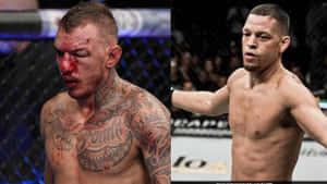 八角籠內兩名男性MMA拳手，一名臉部流血且有刺青，另一名專注而肌肉發達。 — 運動 壁紙