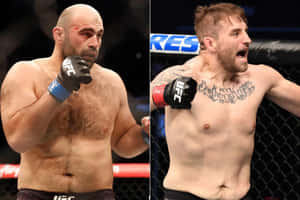 八角籠內兩名男性MMA拳手，一人滿臉鮮血，另一人紋身胸膛咆哮。 — 極限運動 壁紙