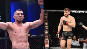 八角籠內兩名MMA拳手，一人勝利舉臂，另一人疲憊按住胸口。 — 運動 壁紙