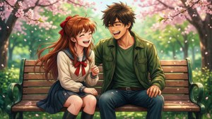 動漫情侶在公園長椅上的櫻花下大笑。 — 瓢蟲少女 GIF 壁紙