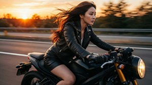 女子在金色日落時分在高速公路上騎摩托車 — 珍妮·金 壁紙