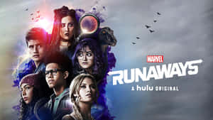 六位擁有發光能力的年輕Marvel Runaways角色，背景是暴風雨的天空。 — 傳說對決英雄 壁紙
