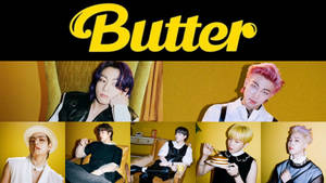 六位擁有繽紛髮色的K-pop偶像在黃色攝影棚中與「Butter」標誌一起擺姿勢。 — 廚奇 BT21 壁紙
