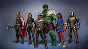 六位超級英雄包括雷神、浩克、美國隊長、黑寡婦、神力女超人和鋼鐵人站在一起。 — 漫威復仇者聯盟 壁紙