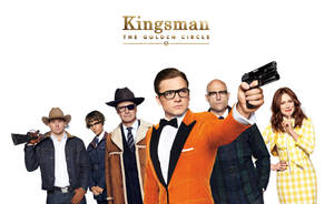 六位 Kingsman 特務穿著時尚服裝，手持武器為電影海報擺姿勢。 — 拉斯維加斯金騎士 壁紙
