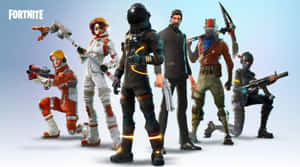 六個《Fortnite》遊戲角色穿著戰鬥裝備，手持武器擺姿勢。 — 要塞英雄 大逃殺 壁紙