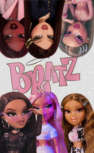 六個Bratz娃娃，妝容大膽，衣著時尚，圍繞著粉紅色Bratz標誌。 — Lenovo Yoga Tab 壁紙