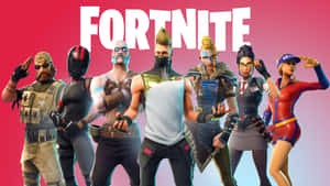 六個Fortnite遊戲角色以動態姿勢擺拍，背後有Fortnite標誌。 — 酷炫的《要塞英雄》 壁紙