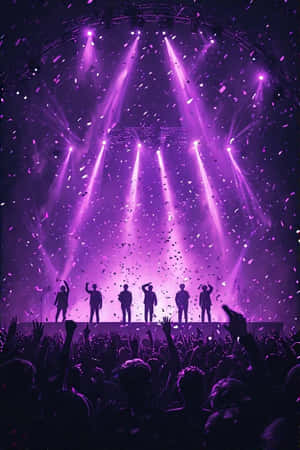 六個表演者在舞台上，紫色燈光下，五彩紙屑落在歡呼的人群上 — iPhone 4 壁紙