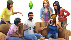 六個 Sims 角色在沙發周圍（有薄餅和電視遙控器）表現出驚訝的反應。 — 卡通 壁紙