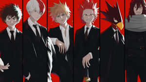 六個動畫角色穿著正式西裝，在紅色背景前露出嚴肅表情。 — 動漫桌面 壁紙