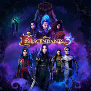 六個年輕奇幻角色穿著服裝，站在發光的Descendants 3標題前。 — 迪士尼反派 壁紙