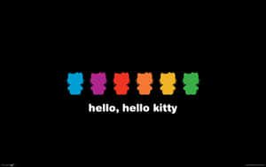 六個彩色Hello Kitty剪影按彩虹順序排列，下方有文字。 — 美麗的藍色 壁紙