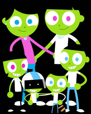 六個微笑的綠色卡通外星人手牽手擺出團體姿勢。 — Pbs Kids 壁紙