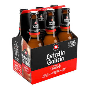六瓶Estrella Galicia啤酒裝在一個紅色和黑色的六瓶裝提架中。 — 暗色 壁紙