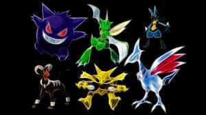 六個發光的寶可夢角色漂浮在黑色背景上。 — 寶可夢 壁紙