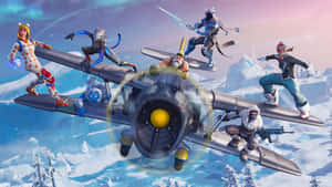 六個Fortnite角色乘坐雙翼飛機飛越白雪覆蓋的山脈。 — 酷炫遊戲 壁紙