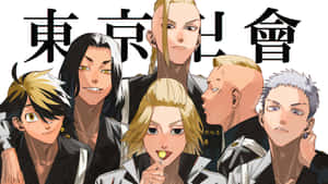六個穿著黑白制服的動漫角色，後面有日文字。 — 日本動漫 壁紙