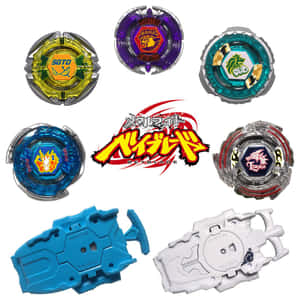 六個Beyblade陀螺和兩個發射器，帶有龍設計，在白色背景上。 — 戰鬥陀螺爆裂 壁紙