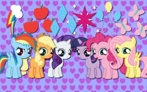 六個My Little Pony角色在心形背景上微笑，配有節日裝飾。 — 可愛的馬 壁紙